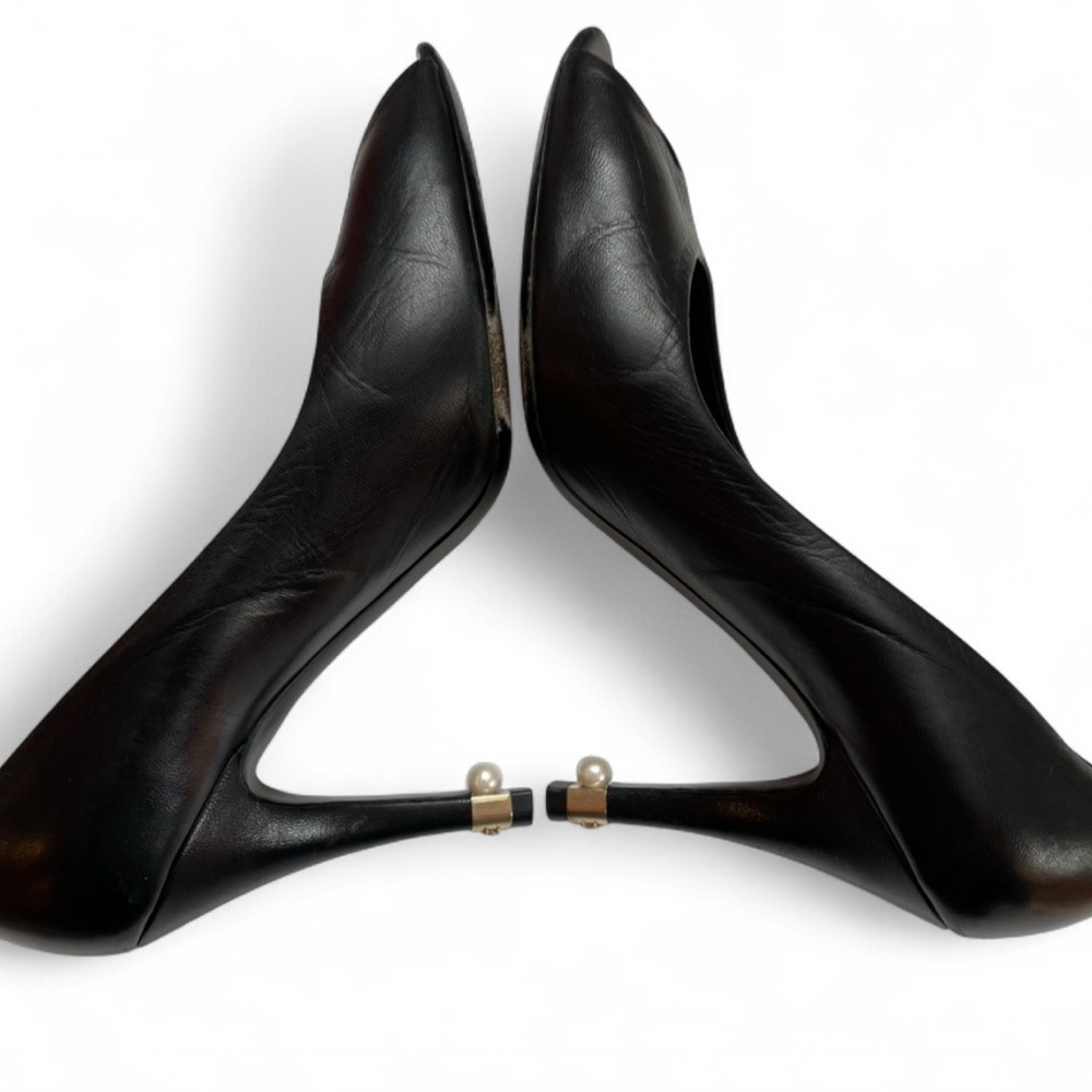 Chanel Black Leather Peep-Toe Pearl Logo Heels Size 8.5 - Picture 14 of 15